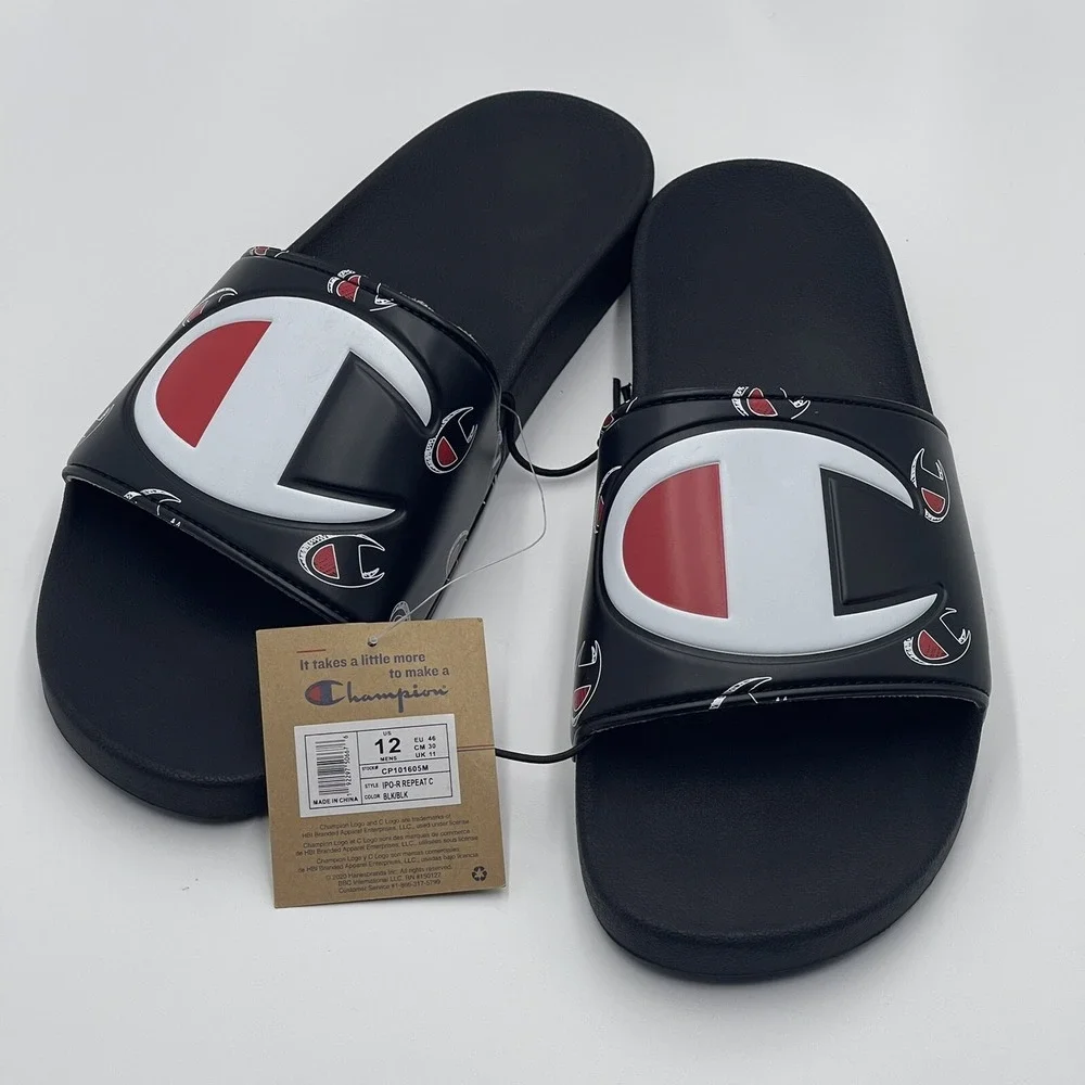 Champion IPO Repeat C Mens Black White Red Logo Slide Sandals CP101605M‎ Size 12